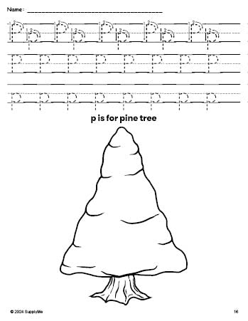 Free printable pine tree winter coloring page, letter p tracing worksheet for preschool, pre-k, and kindergarten