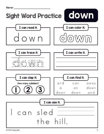 Free printable preschool sight word worksheet, beginner sight word for preschoolers and high frequency word 'down', practice sheet includes 6 sight word activities and 1 sight word sentence, first 100 fry sight words, Dolch pre-primer, PDF