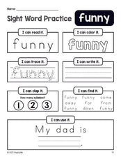 Free printable preschool sight word worksheet, beginner sight word for preschoolers and high frequency word 'funny', practice sheet includes 6 sight word activities and 1 sight word sentence, Dolch pre-primer, PDF