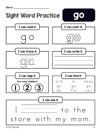 Free printable preschool sight word worksheet, beginner sight word for preschoolers and high frequency word 'go', practice sheet includes 6 sight word activities and 1 sight word sentence, first 100 fry sight words, Dolch pre-primer, PDF