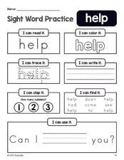 Free printable preschool sight word worksheet, beginner sight word for preschoolers and high frequency word 'help', practice sheet includes 6 sight word activities and 1 sight word sentence, second 100 fry sight words, Dolch pre-primer, PDF