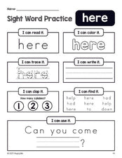 Free printable preschool sight word worksheet, beginner sight word for preschoolers and high frequency word 'here', practice sheet includes 6 sight word activities and 1 sight word sentence, second 100 fry sight words, Dolch pre-primer, PDF