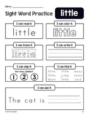 Free printable preschool sight word worksheet, beginner sight word for preschoolers and high frequency word 'little', practice sheet includes 6 sight word activities and 1 sight word sentence, second 100 fry sight words, Dolch pre-primer, PDF