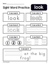 Free printable preschool sight word worksheet, beginner sight word for preschoolers and high frequency word 'look', practice sheet includes 6 sight word activities and 1 sight word sentence, first 100 fry sight words, Dolch pre-primer, PDF