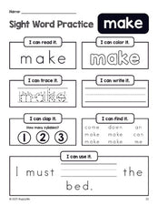 Free printable preschool sight word worksheet, beginner sight word for preschoolers and high frequency word 'make', practice sheet includes 6 sight word activities and 1 sight word sentence, first 100 fry sight words, Dolch pre-primer, PDF