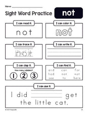 Free printable preschool sight word worksheet, beginner sight word for preschoolers and high frequency word 'not', practice sheet includes 6 sight word activities and 1 sight word sentence, first 100 fry sight words, Dolch pre-primer, PDF