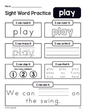 Free printable preschool sight word worksheet, beginner sight word for preschoolers and high frequency word 'play', practice sheet includes 6 sight word activities and 1 sight word sentence, second 100 fry sight words, Dolch pre-primer, PDF