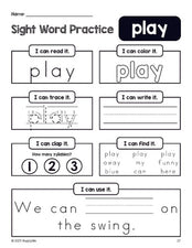 Free printable preschool sight word worksheet, beginner sight word for preschoolers and high frequency word 'play', practice sheet includes 6 sight word activities and 1 sight word sentence, second 100 fry sight words, Dolch pre-primer, PDF
