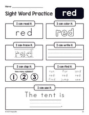 Free printable preschool sight word worksheet, beginner sight word for preschoolers and high frequency word 'red', practice sheet includes 6 sight word activities and 1 sight word sentence, fourth 100 fry sight words, Dolch pre-primer, PDF