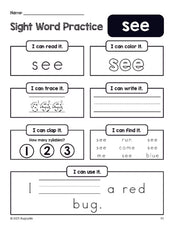 Free printable preschool sight word worksheet, beginner sight word for preschoolers and high frequency word 'see', practice sheet includes 6 sight word activities and 1 sight word sentence, first 100 fry sight words, Dolch pre-primer, PDF