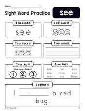 Free printable preschool sight word worksheet, beginner sight word for preschoolers and high frequency word 'see', practice sheet includes 6 sight word activities and 1 sight word sentence, first 100 fry sight words, Dolch pre-primer, PDF