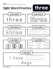 Free printable preschool sight word worksheet, beginner sight word for preschoolers and high frequency word 'three', practice sheet includes 6 sight word activities and 1 sight word sentence, second 100 fry sight words, Dolch pre-primer, PDF