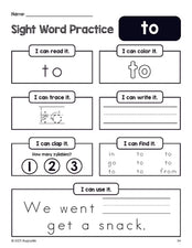 Free printable preschool sight word worksheet, beginner sight word for preschoolers and high frequency word 'to', practice sheet includes 6 sight word activities and 1 sight word sentence, first 100 fry sight words, Dolch pre-primer, PDF