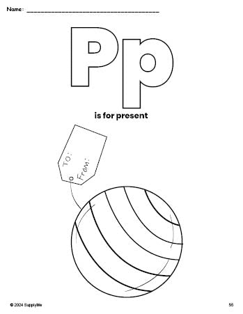 Free printable present Christmas coloring page, letter p coloring page for preschool, pre-k, and kindergarten