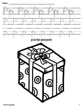 Free printable present Christmas coloring page, letter p tracing worksheet for preschool, pre-k, and kindergarten