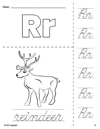 Free printable reindeer Christmas coloring page and cursive letter tracing worksheet, letter r worksheet for preschool, pre-k, and kindergarten