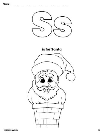 Free printable Santa Christmas coloring page, letter s coloring page for preschool, pre-k, and kindergarten