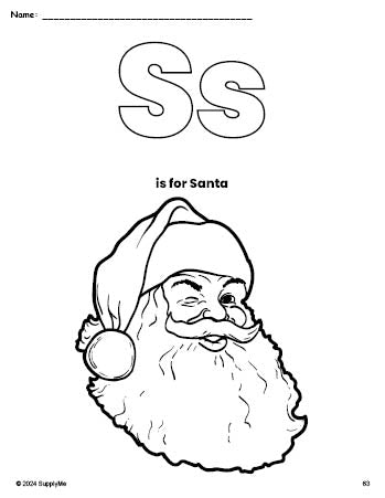 Free printable Santa Christmas coloring page, letter s coloring page for preschool, pre-k, and kindergarten