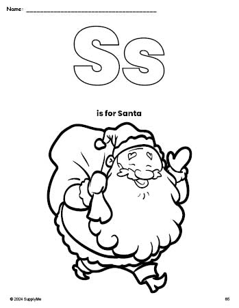Free printable Santa Christmas coloring page, letter s coloring page for preschool, pre-k, and kindergarten