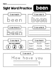 Free printable second grade sight word worksheet, beginner sight word for 2nd graders and high frequency word 'been', practice sheet includes 6 sight word activities and 1 sight word sentence, first 100 fry sight words, Dolch, PDF