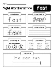 Free printable second grade sight word worksheet, beginner sight word for 2nd graders and high frequency word 'fast', practice sheet includes 6 sight word activities and 1 sight word sentence, fourth 100 fry sight words, Dolch, PDF