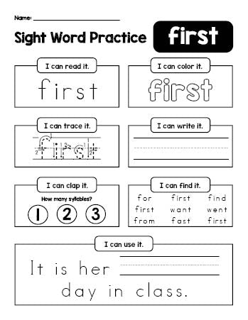 Free printable second grade sight word worksheet, beginner sight word for 2nd graders and high frequency word 'first', practice sheet includes 6 sight word activities and 1 sight word sentence, first 100 fry sight words, Dolch, PDF