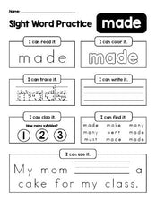 Free printable second grade sight word worksheet, beginner sight word for 2nd graders and high frequency word 'made', practice sheet includes 6 sight word activities and 1 sight word sentence, first 100 fry sight words, Dolch, PDF