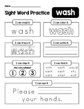 Free printable second grade sight word worksheet, beginner sight word for 2nd graders and high frequency word 'wash', practice sheet includes 6 sight word activities and 1 sight word sentence, ninth 100 fry sight words, Dolch, PDF