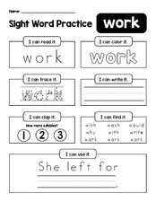 Free printable second grade sight word worksheet, beginner sight word for 2nd graders and high frequency word 'work', practice sheet includes 6 sight word activities and 1 sight word sentence, second 100 fry sight words, Dolch, PDF