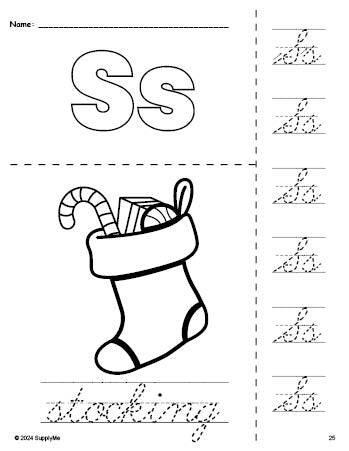 Free printable stocking Christmas coloring page and cursive letter tracing worksheet, letter s worksheet for preschool, pre-k, and kindergarten