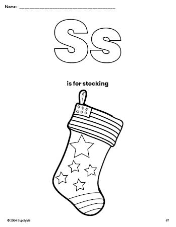 Free printable stocking Christmas coloring page, letter s coloring page for preschool, pre-k, and kindergarten