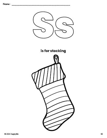 Free printable stocking Christmas coloring page, letter s coloring page for preschool, pre-k, and kindergarten