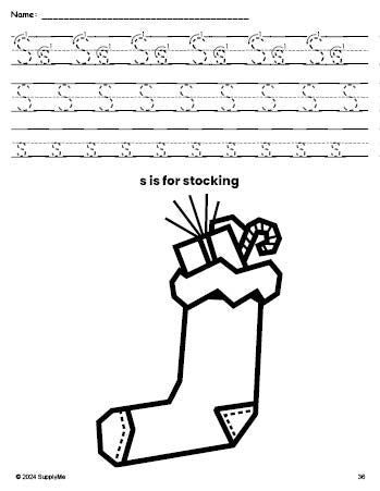 Free printable stocking Christmas coloring page, letter s tracing worksheet for preschool, pre-k, and kindergarten