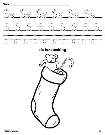 Free printable stocking Christmas coloring page, letter s tracing worksheet for preschool, pre-k, and kindergarten
