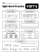 Free printable third grade sight word worksheet, beginner sight word for 3rd graders and high frequency word 'carry', practice sheet includes 6 sight word activities and 1 sight word sentence, third 100 fry sight words, Dolch, PDF
