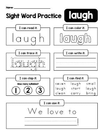 Free printable third grade sight word worksheet, beginner sight word for 3rd graders and high frequency word 'laugh', practice sheet includes 6 sight word activities and 1 sight word sentence, Dolch, PDF