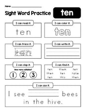 Free printable third grade sight word worksheet, beginner sight word for 3rd graders and high frequency word 'ten', practice sheet includes 6 sight word activities and 1 sight word sentence, fifth 100 fry sight words, Dolch, PDF