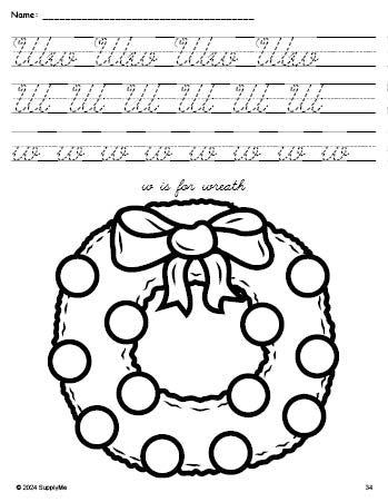 FREE Printable Wreath Christmas Coloring Page and Cursive Letter ...