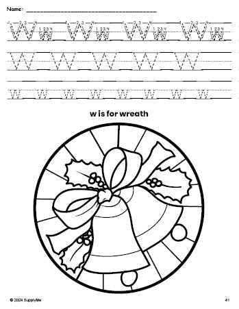 Free printable wreath Christmas coloring page, letter w tracing worksheet for preschool, pre-k, and kindergarten