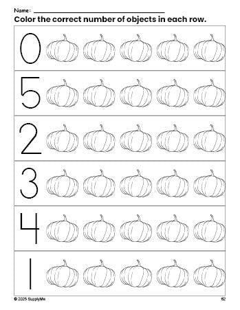 Free printable pumpkin fall count and color worksheet for preschoolers, fall coloring page and counting worksheet numbers 0-5, PDF
