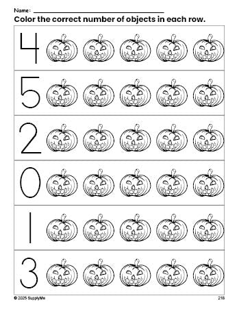 Free printable pumpkin Halloween count and color worksheet for preschoolers, Halloween coloring page and counting worksheet numbers 0-5, PDF