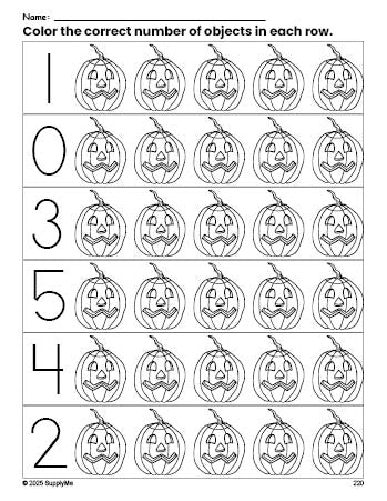 Free printable pumpkin Halloween count and color worksheet for preschoolers, Halloween coloring page and counting worksheet numbers 0-5, PDF
