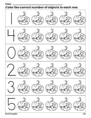Free printable pumpkin Halloween count and color worksheet for preschoolers, Halloween coloring page and counting worksheet numbers 0-5, PDF