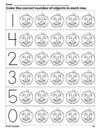 Free printable pumpkin Halloween count and color worksheet for preschoolers, Halloween coloring page and counting worksheet numbers 0-5, PDF