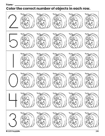 Free printable pumpkin Halloween count and color worksheet for preschoolers, Halloween coloring page and counting worksheet numbers 0-5, PDF