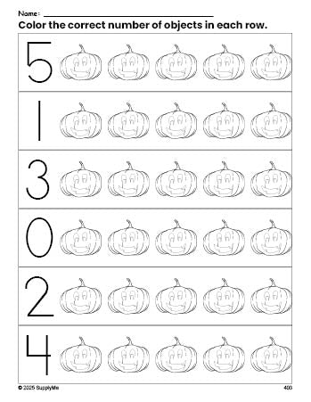 Free printable pumpkin Halloween count and color worksheet for preschoolers, Halloween coloring page and counting worksheet numbers 0-5, PDF