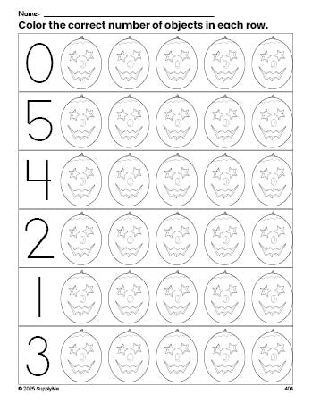 Free printable pumpkin Halloween count and color worksheet for preschoolers, Halloween coloring page and counting worksheet numbers 0-5, PDF