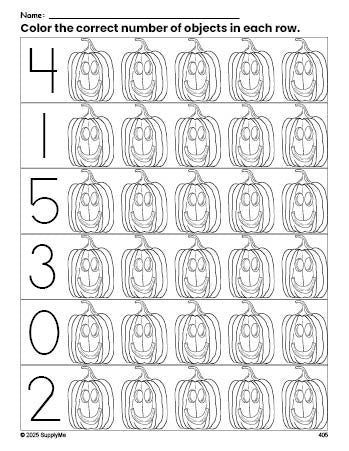 Free printable pumpkin Halloween count and color worksheet for preschoolers, Halloween coloring page and counting worksheet numbers 0-5, PDF