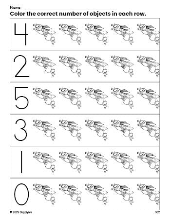 Free printable rabbit count and color worksheet for preschoolers, rabbit coloring page and counting worksheet numbers 0-5, PDF