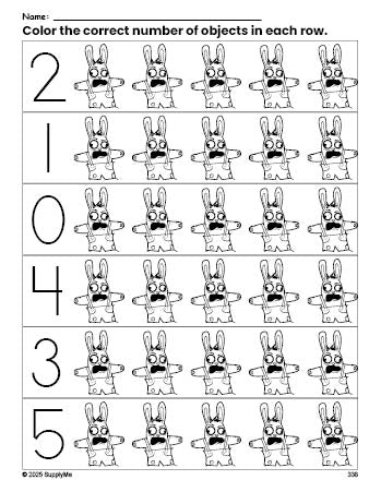 Free printable rabbit Easter count and color worksheet for preschoolers, Easter coloring page and counting worksheet numbers 0-5, PDF